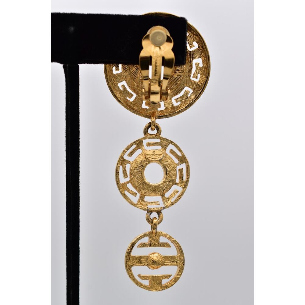 Givenchy Vintage Runway Logo Drop Clip On Earrings Gold Rhinestone Dangle Bin5 - Picture 9 of 12